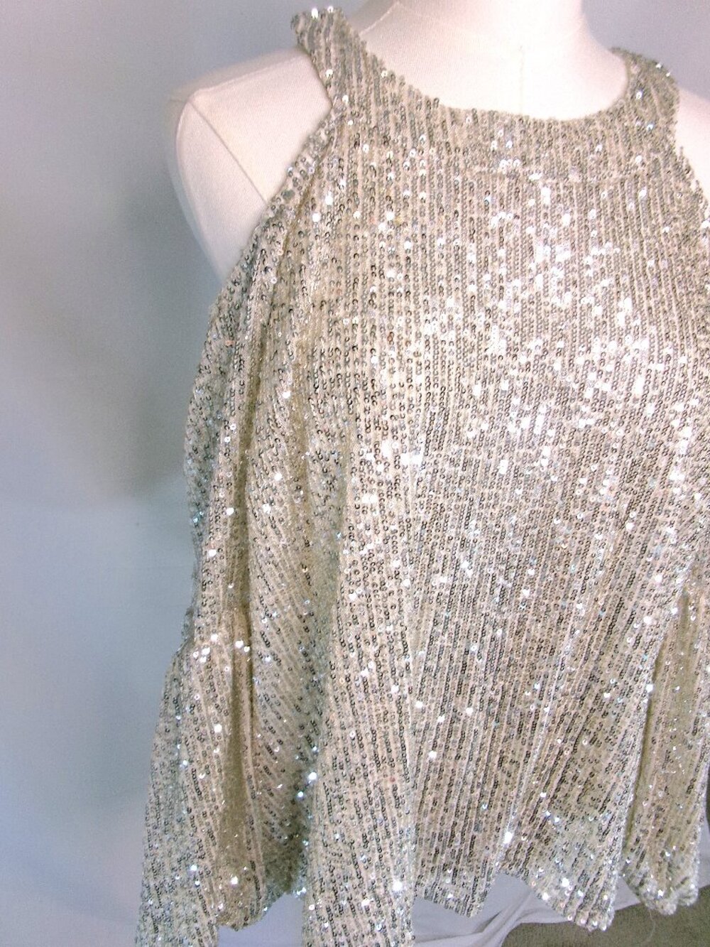 CeCe Champagne Sequin Cold Shoulder Top Large Sparkly Balloon Sleeve Party Blous